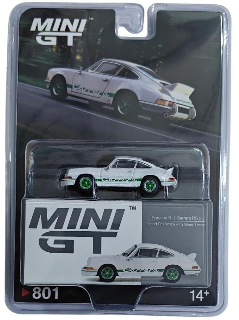 Mini GT 1/64 Porsche 911 Carrera RS 2.7 Grand Prix White with Green Livery - Blister Paket MGT00801-BL